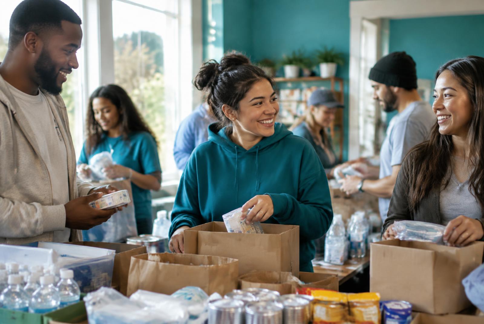 Community volunteers working together to prepare care packages.