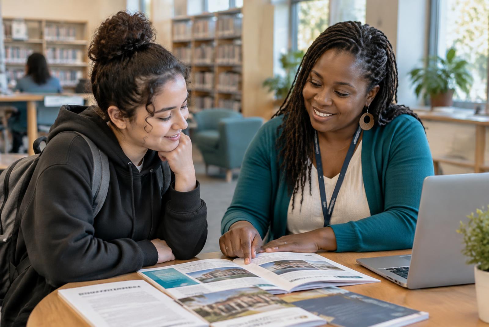 A support professional helping a young adult review community resources.