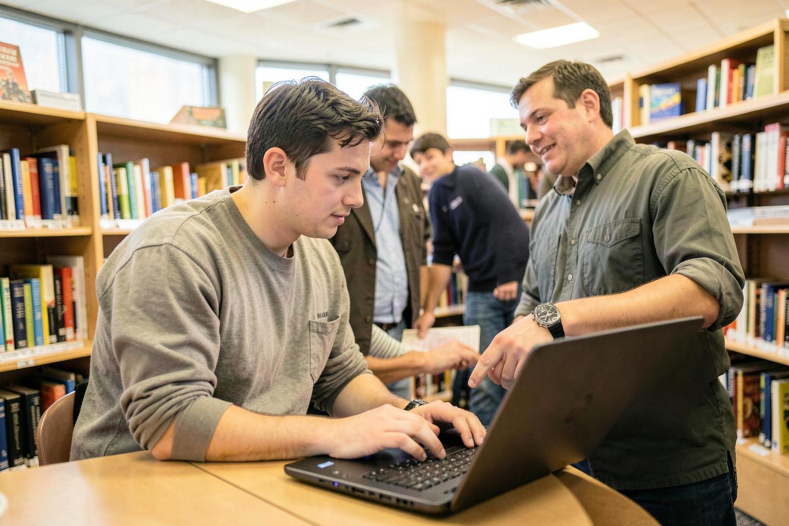 A young man with an intellectual disability using a library laptop while a volunteer helps him search for support services.